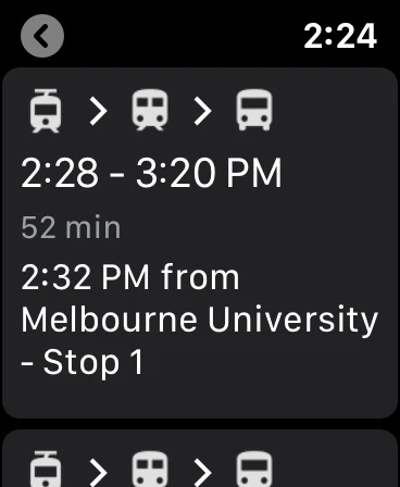 Google Maps Apple Watch transit journey summary with departure and arrival times and transport stages