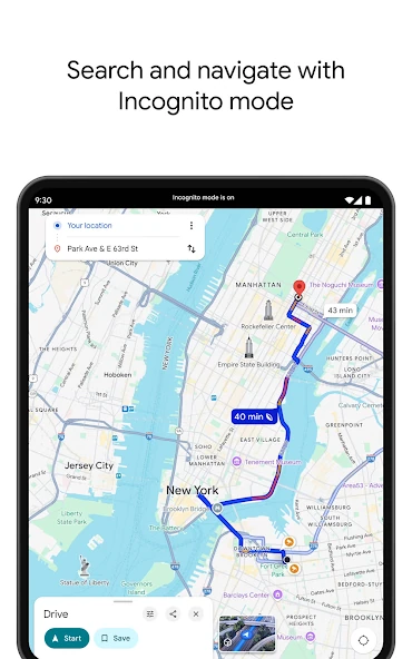 Google Maps Android tablet in Incognito mode with a blue driving route and Start and Steps controls