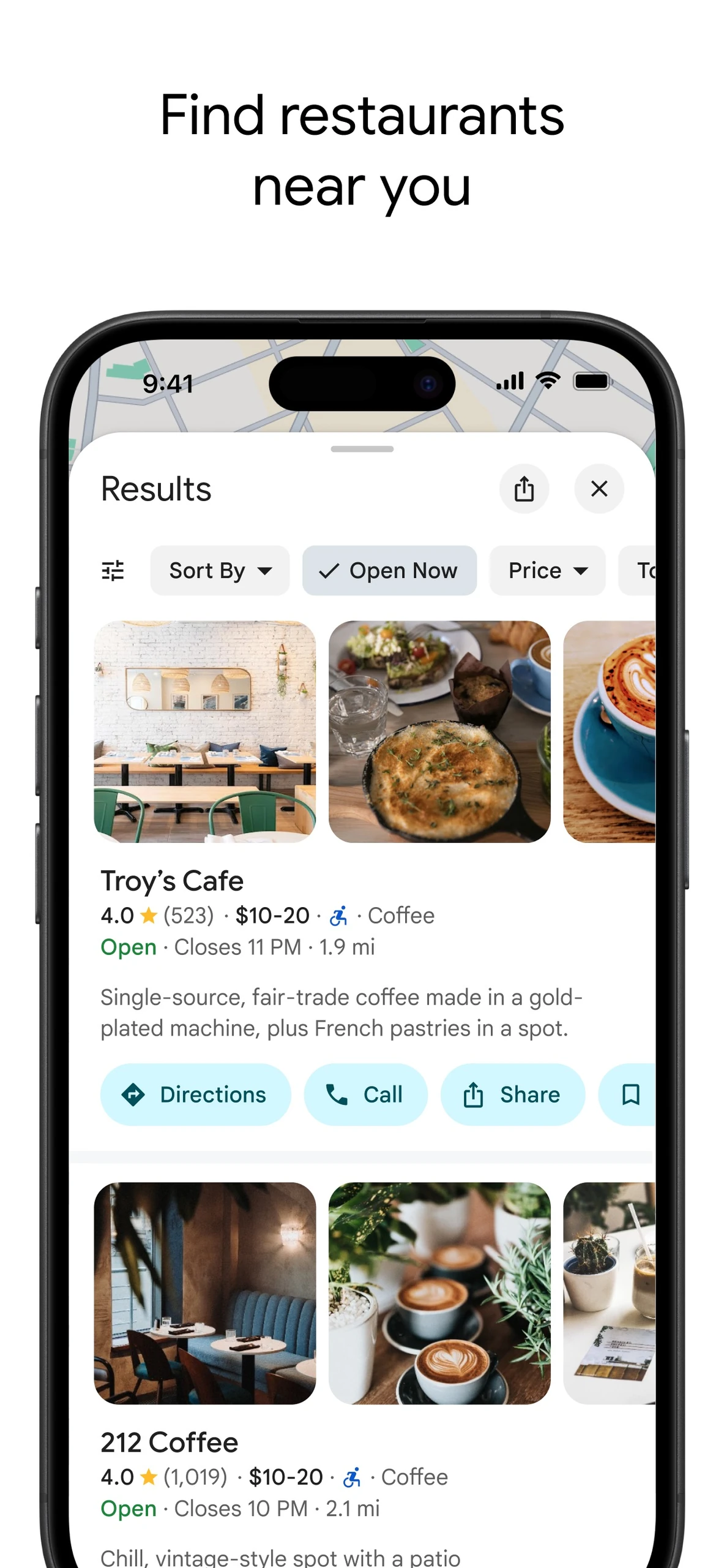 Google Maps iPhone restaurant search results with ratings, photos and Directions, Call and Share actions