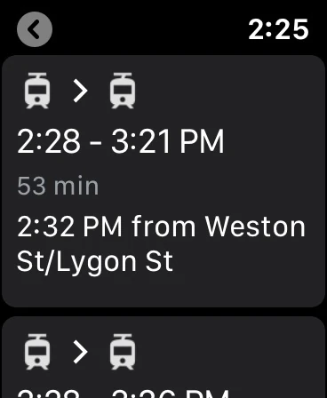 Google Maps Apple Watch transit alternatives with multi-tram routes and departure times