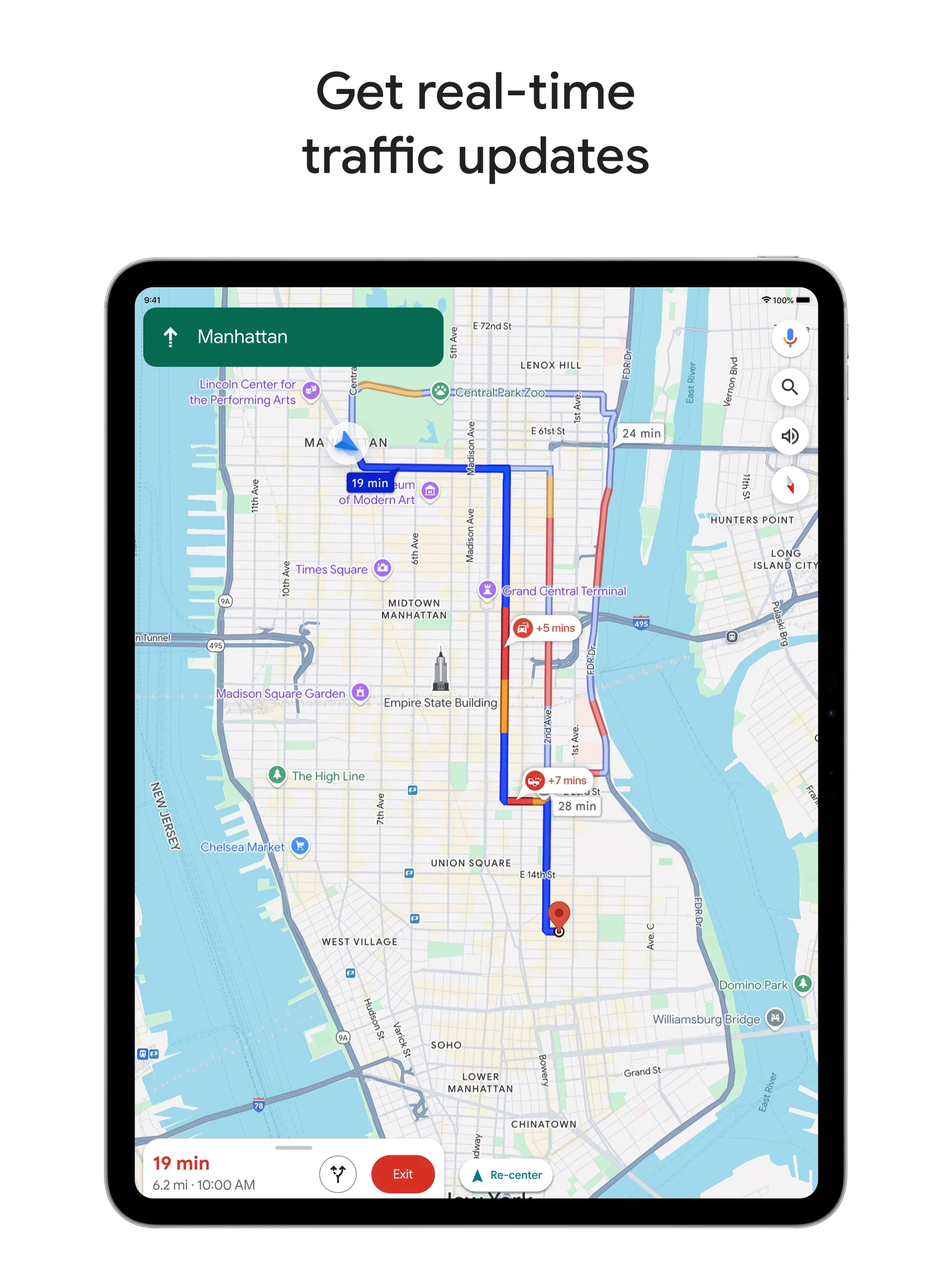 Google Maps iPad traffic navigation with a Manhattan route, alternative times and incident markers