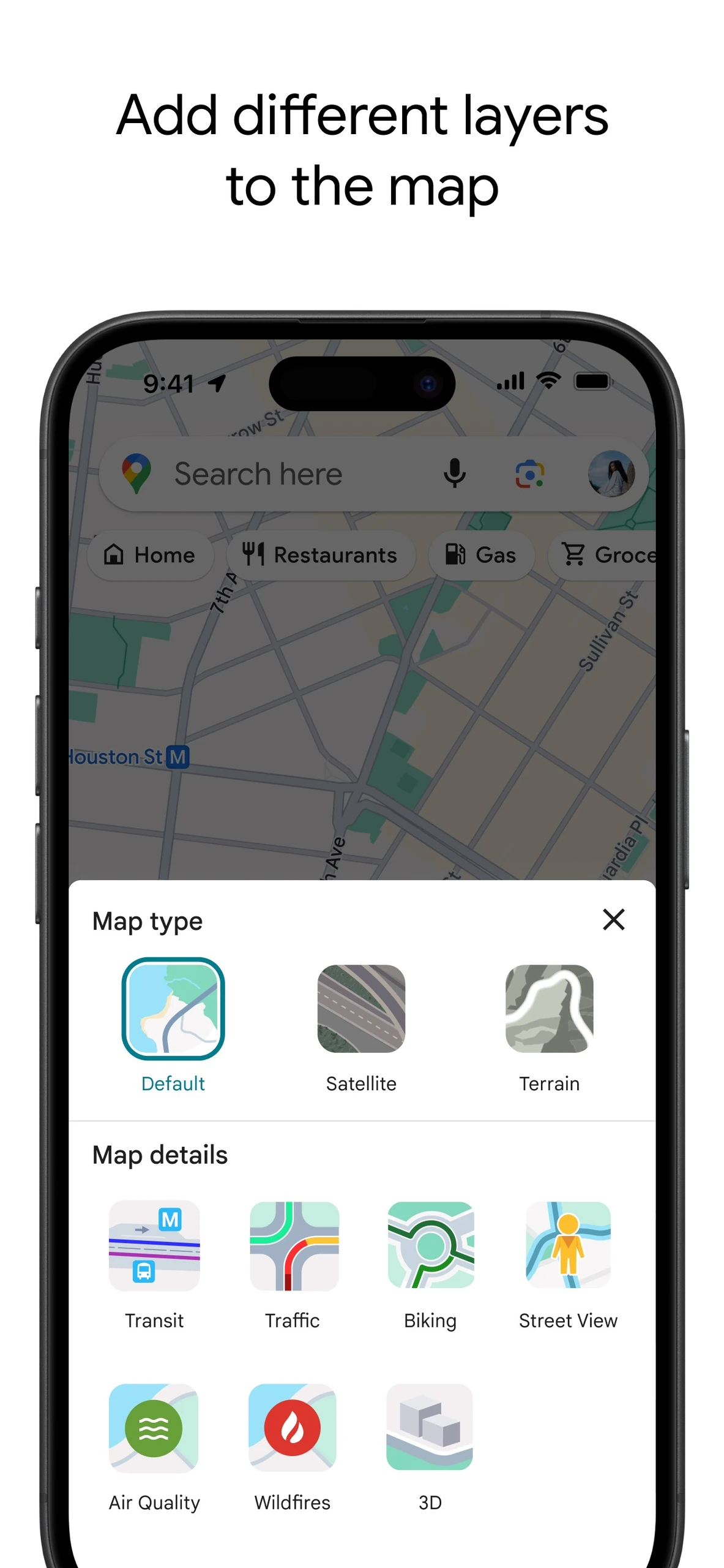 Google Maps iPhone map-type and layer selector with Default, Satellite, Terrain, Transit and Traffic options