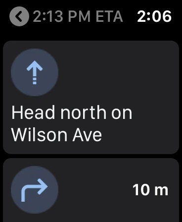 Google Maps Apple Watch walking navigation with a Wilson Avenue instruction and next-turn distance
