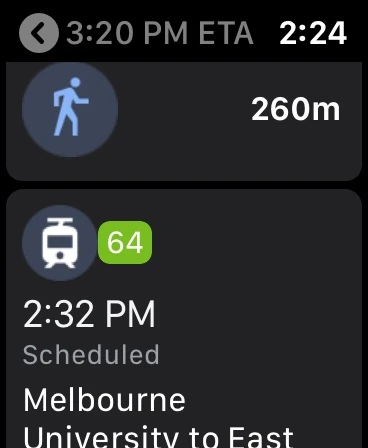 Google Maps Apple Watch transit steps showing a walk followed by tram 64
