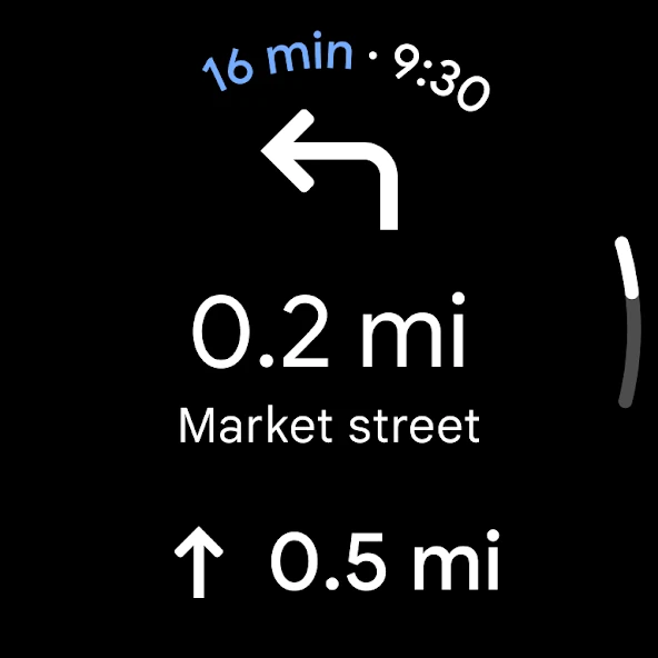 Google Maps Wear OS navigation showing the next left turn onto Market Street and subsequent instruction