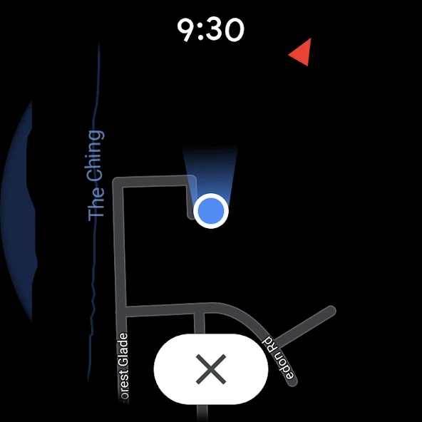 Google Maps Wear OS navigation map with a blue location marker and cancel control