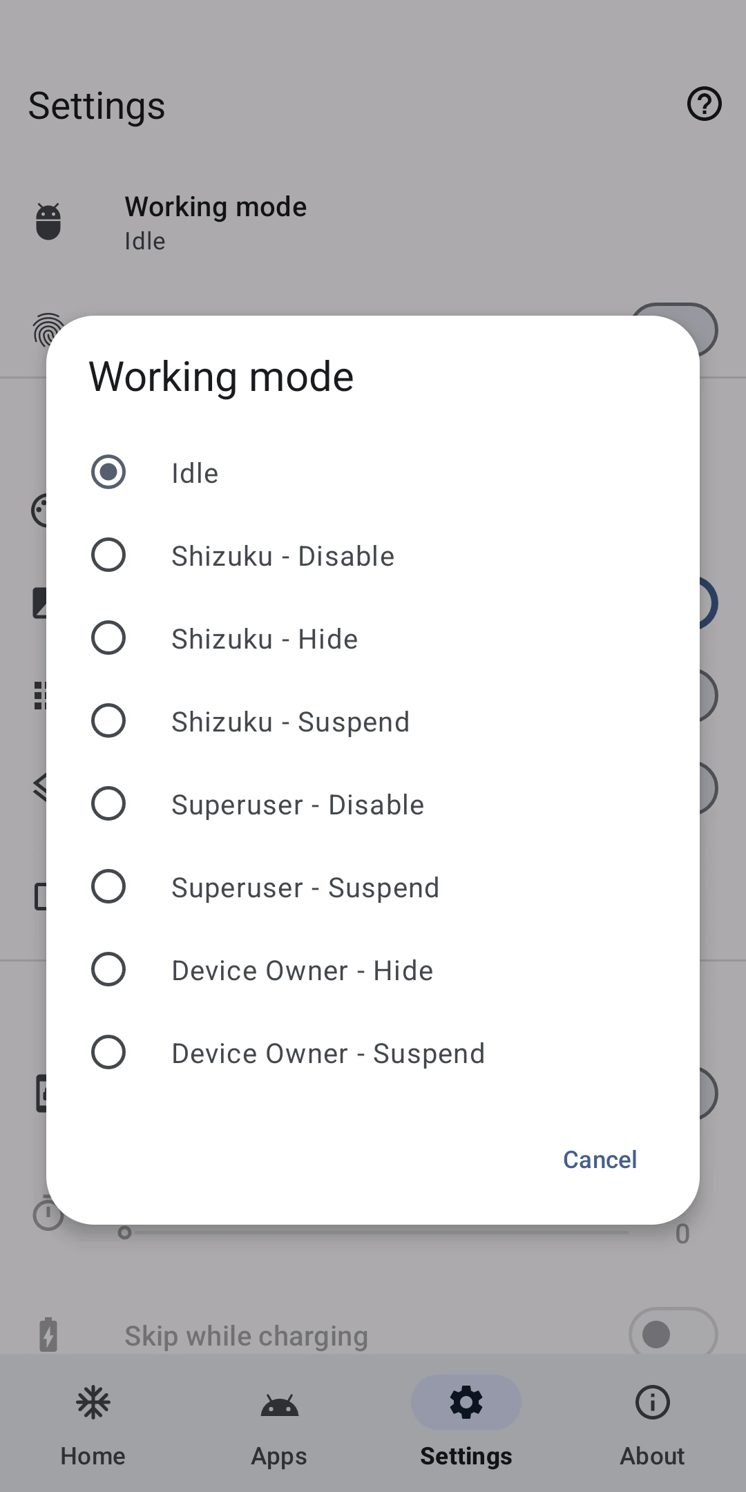 Hail working mode settings for application freezing