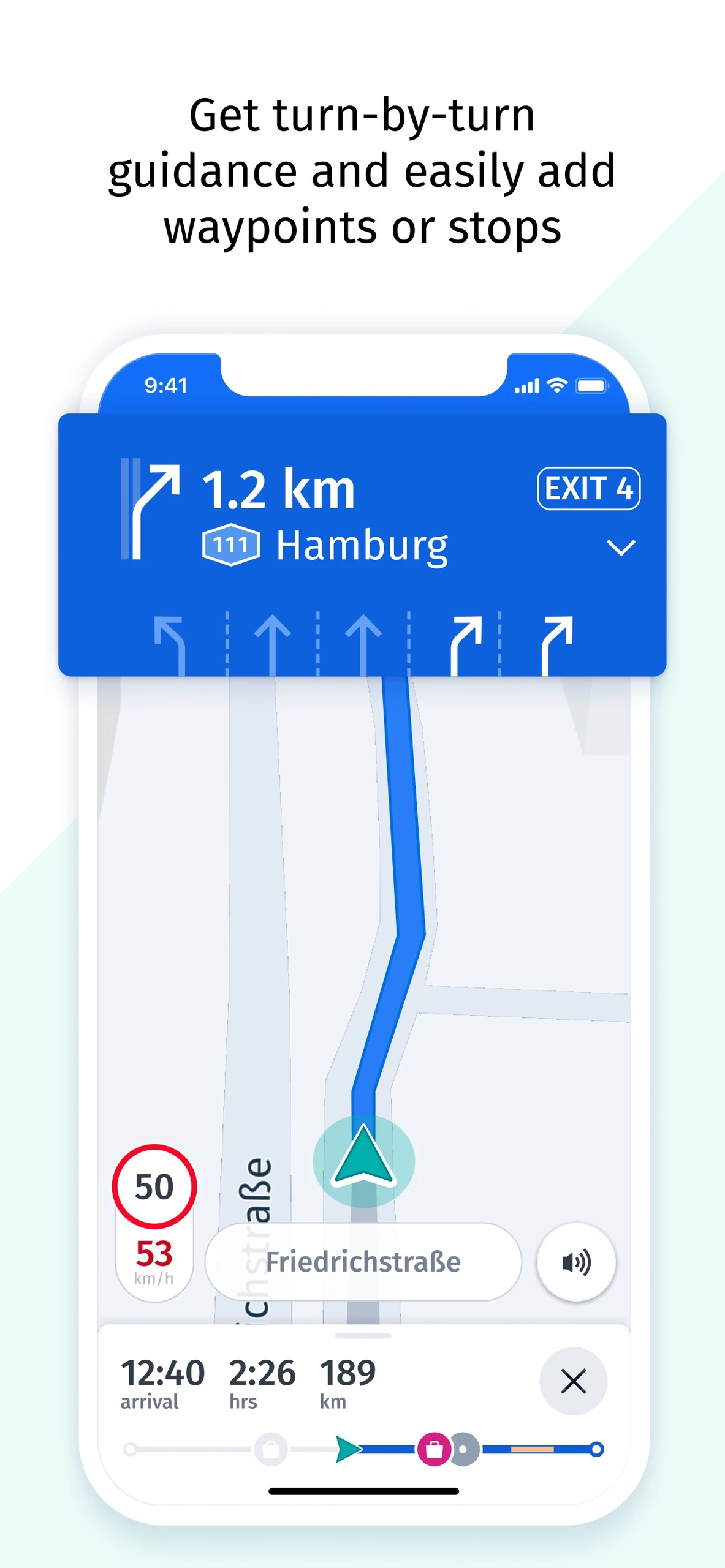 iPhone turn-by-turn navigation map with Hamburg exit, lane guidance and arrival details
