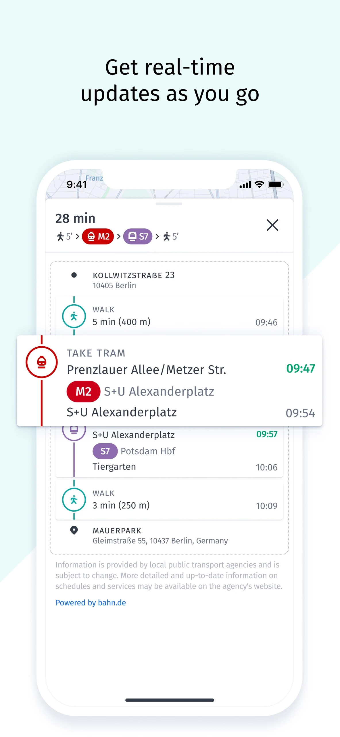 iPhone transit itinerary with tram and walking steps and departure times