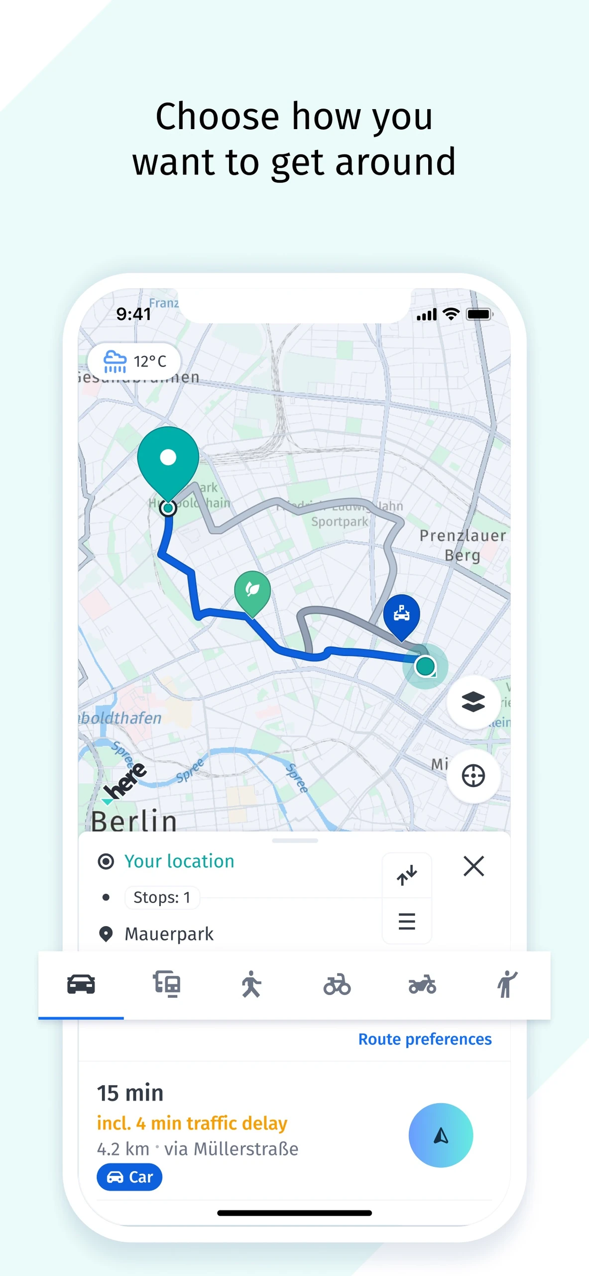 iPhone Berlin route planning with stops and transport-mode controls