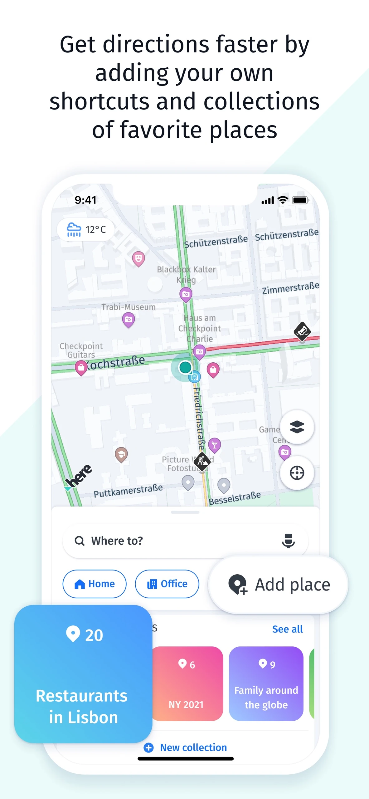 iPhone map, home and office shortcuts and saved-place collections
