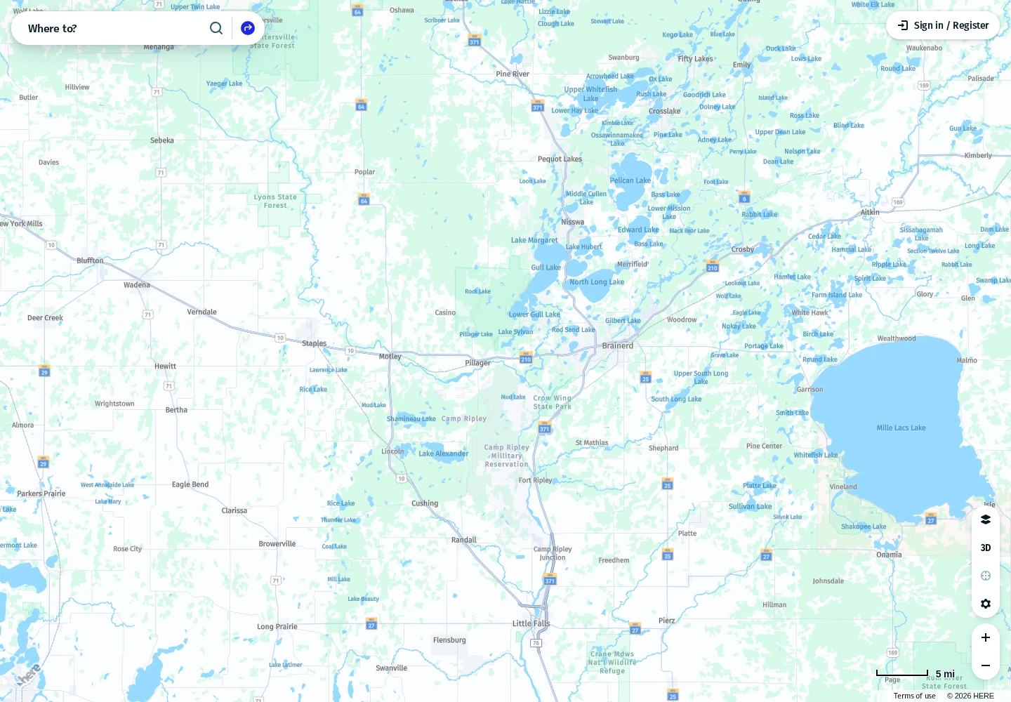 Map of lakes and roads with search, zoom and map controls