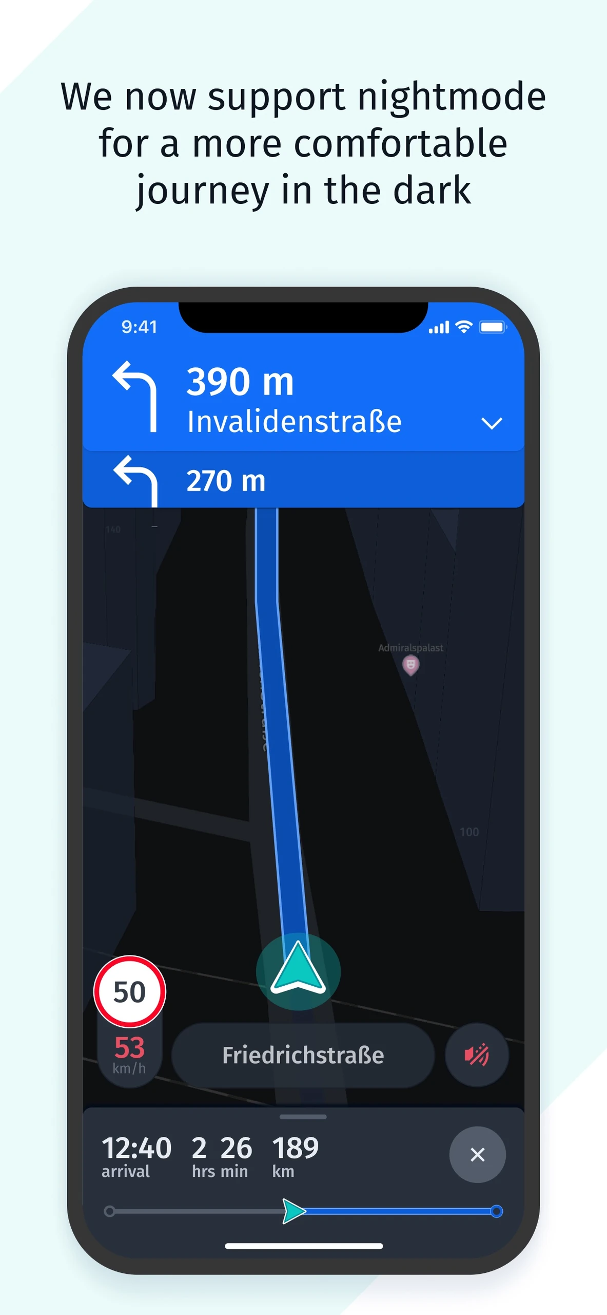 iPhone nighttime navigation map with upcoming turns, speed and arrival details