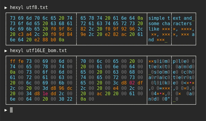 hexyl text encodings