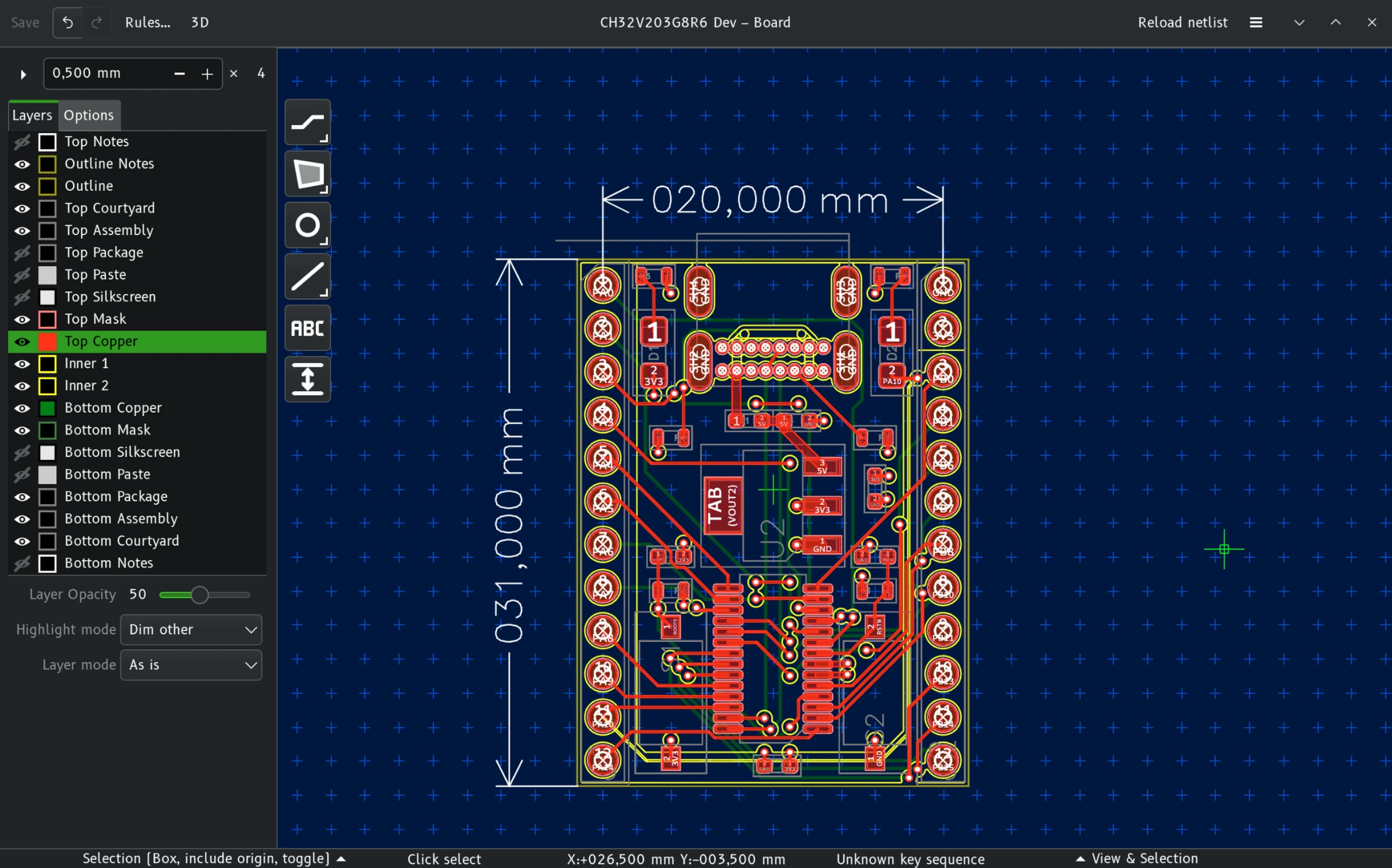 Horizon EDA board editor showing an finished development PCB with red and green routed copper traces and 20 by 31 mm dimensions