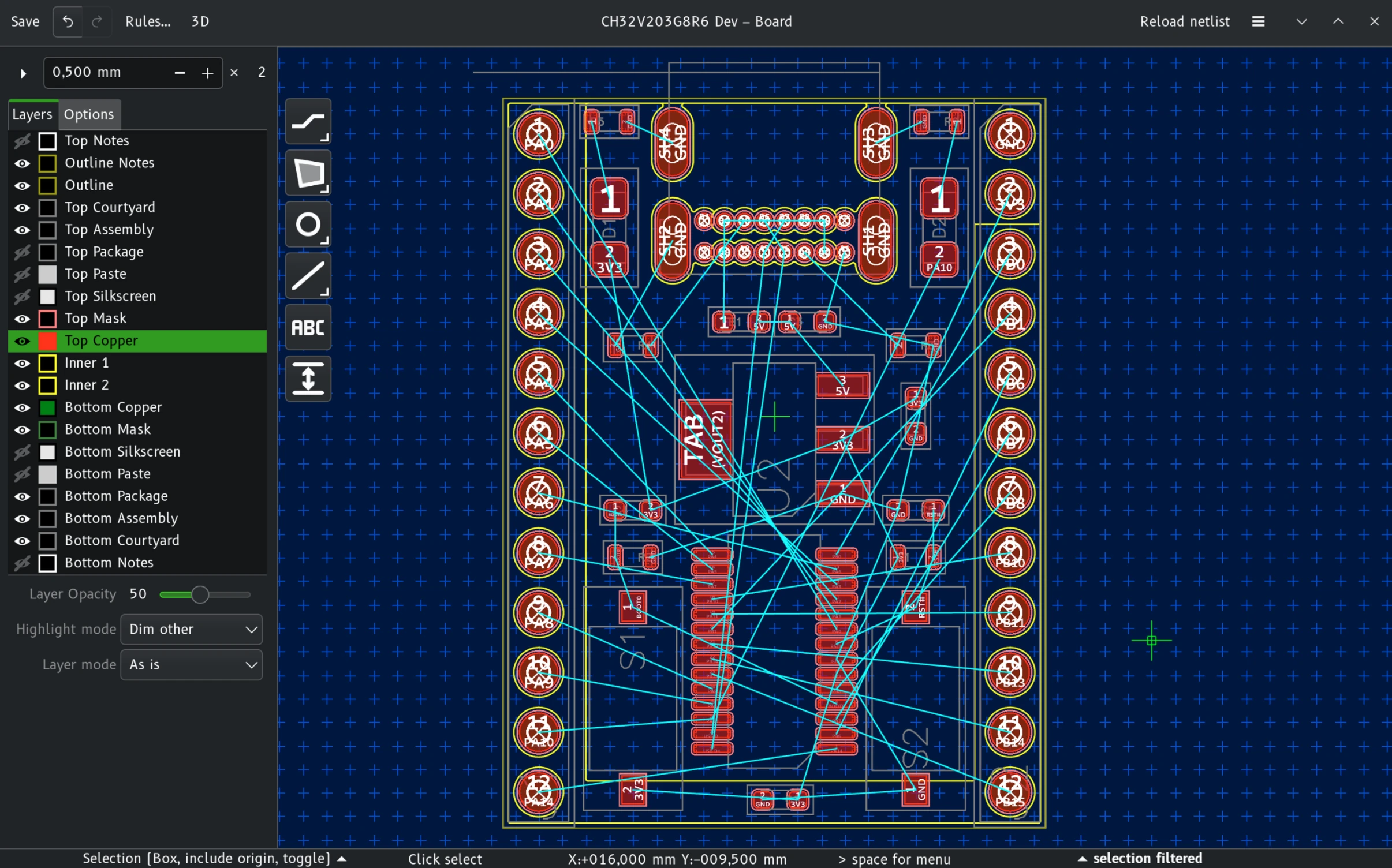 Horizon EDA board editor showing an unrouted development PCB with cyan airwires between placed components