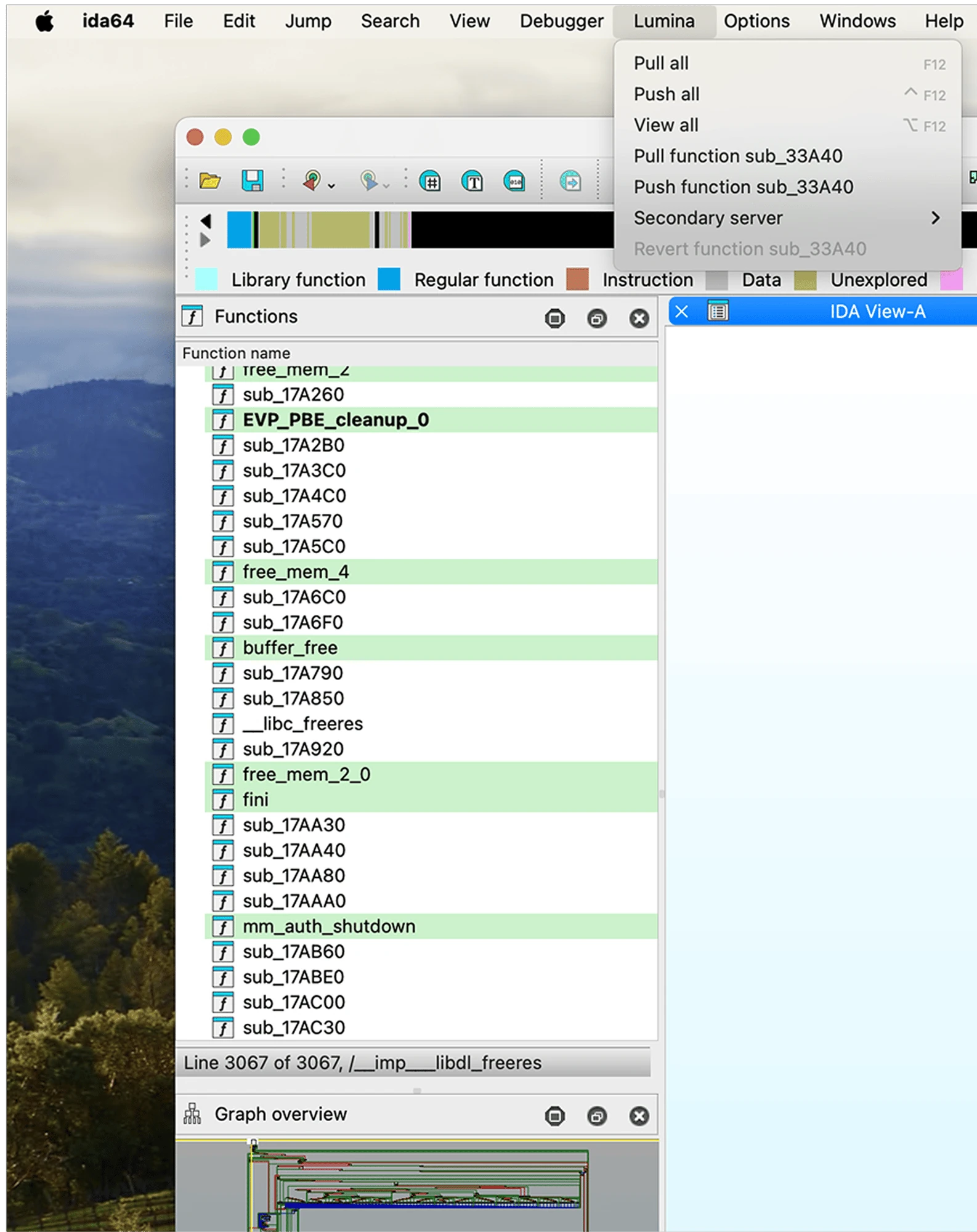 IDA Pro Functions pane with the Lumina pull and push menu open
