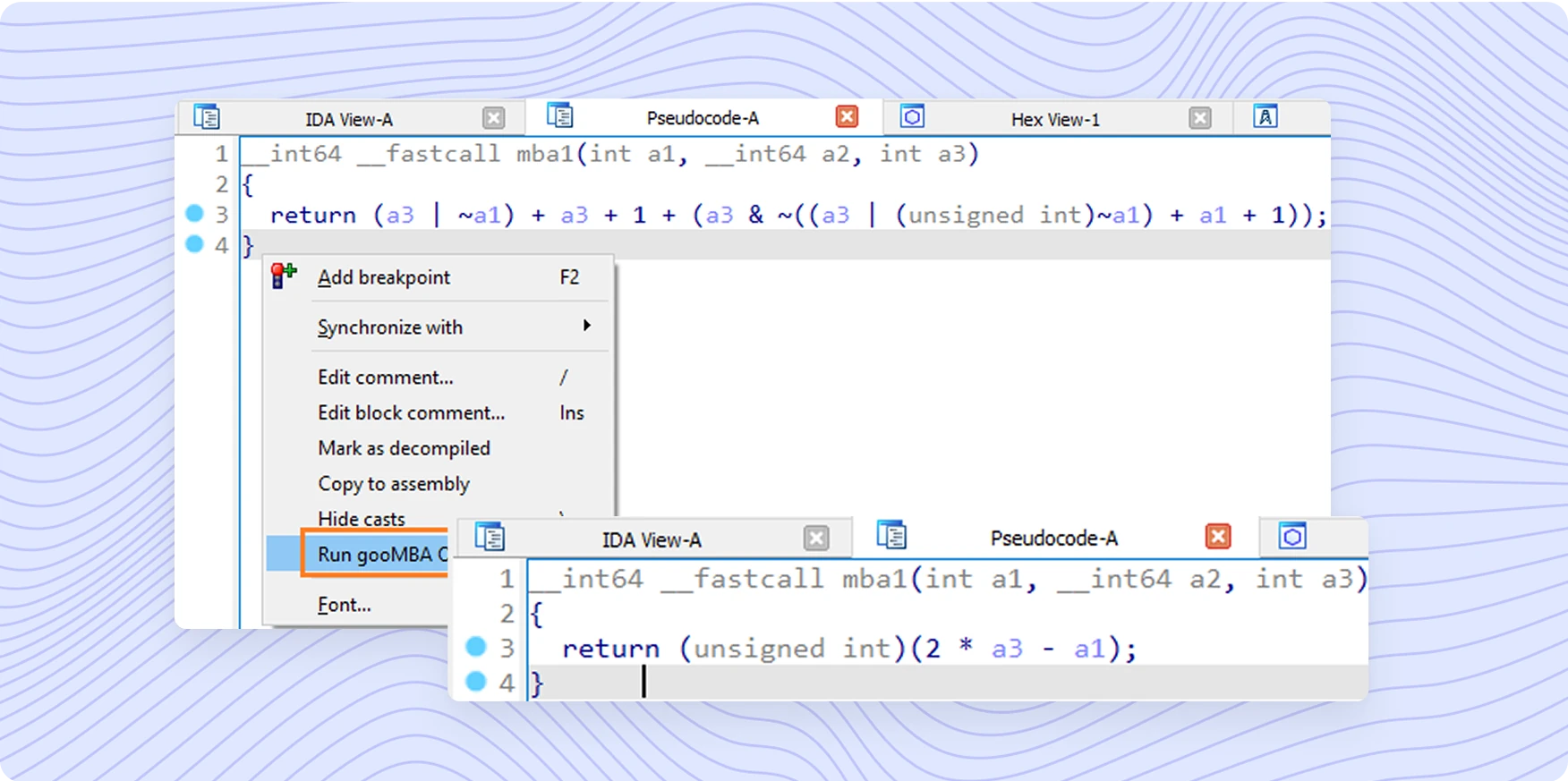 IDA Pro pseudocode context menu offering Run gooMBA on a factorial expression