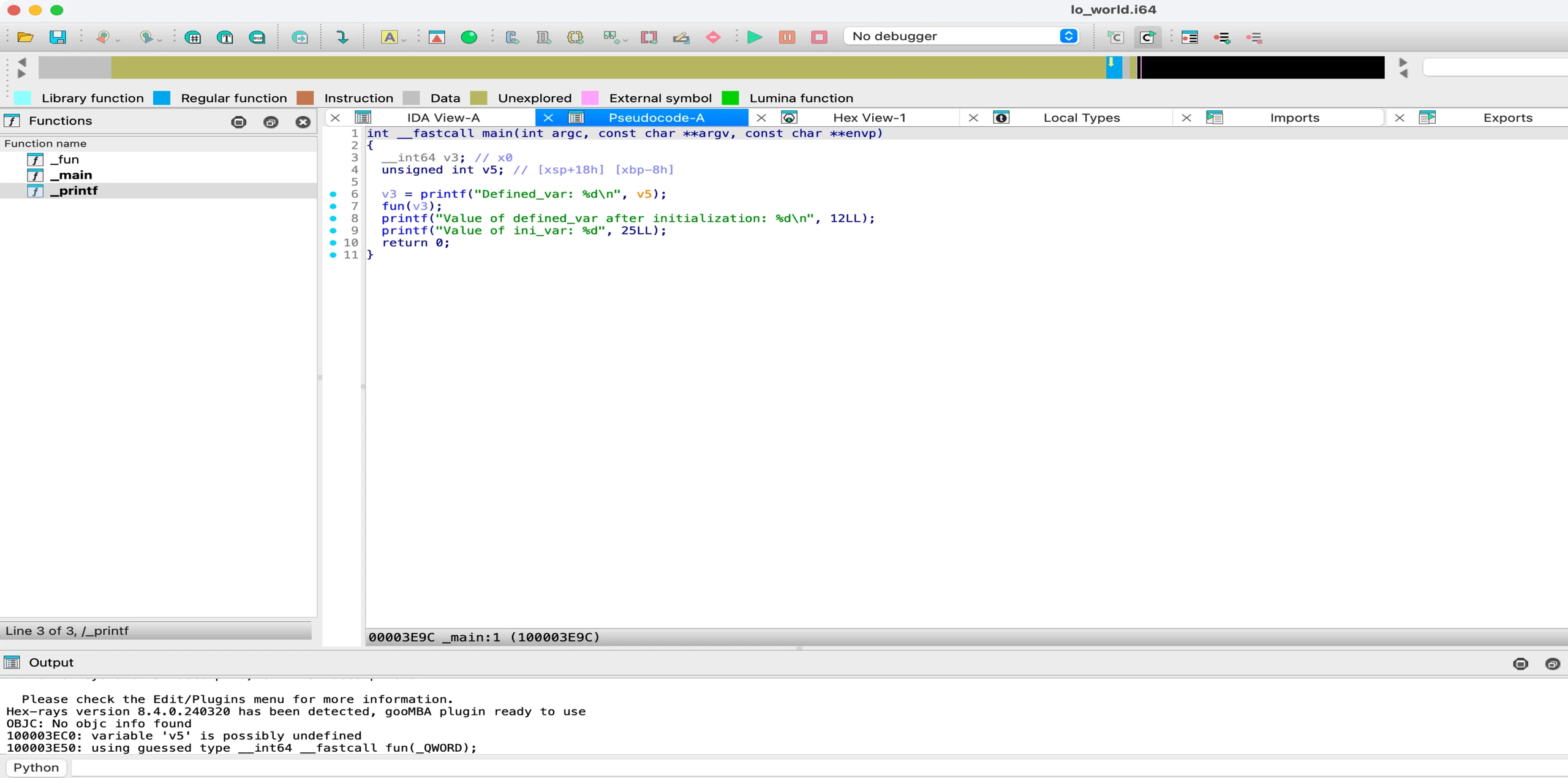 IDA Pro Pseudocode-A tab showing main, function list, and Python output pane