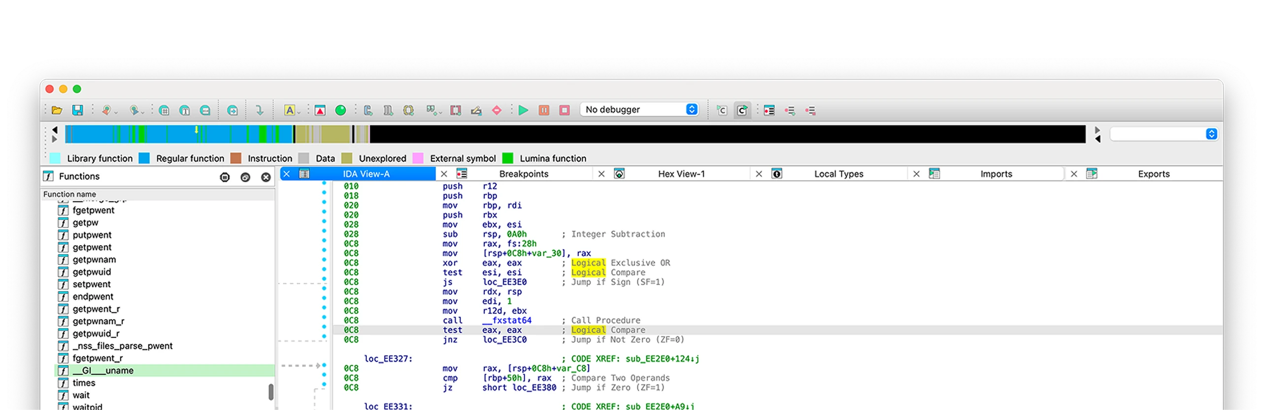 IDA Pro disassembly view with named library functions and commented assembly instructions