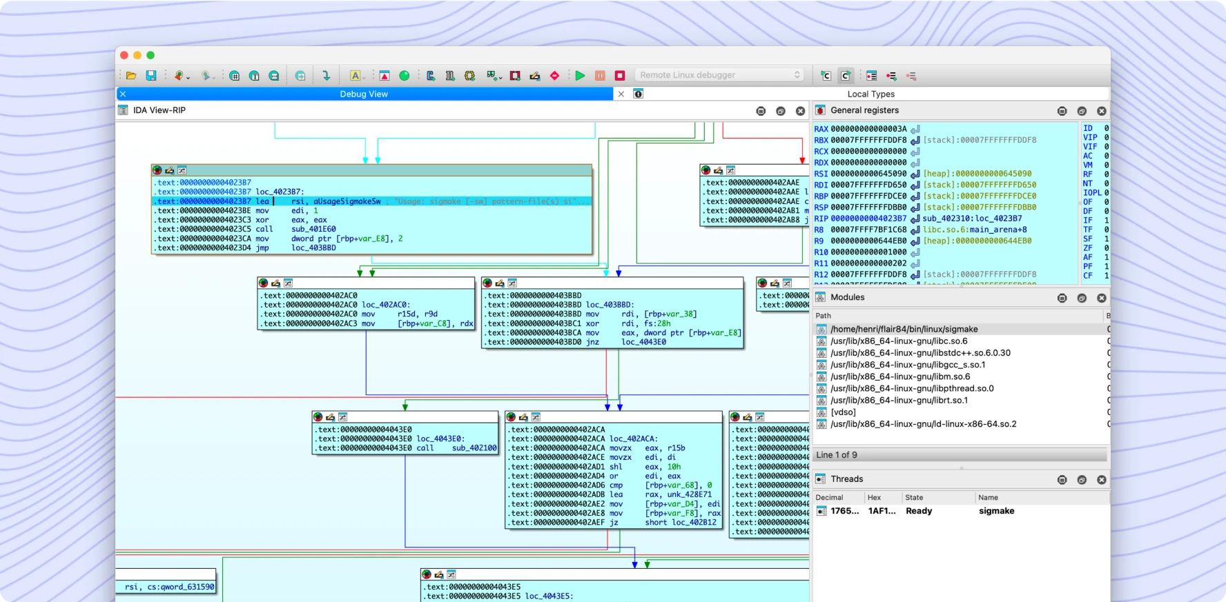IDA Pro graph view with connected assembly blocks, function list, and analysis output
