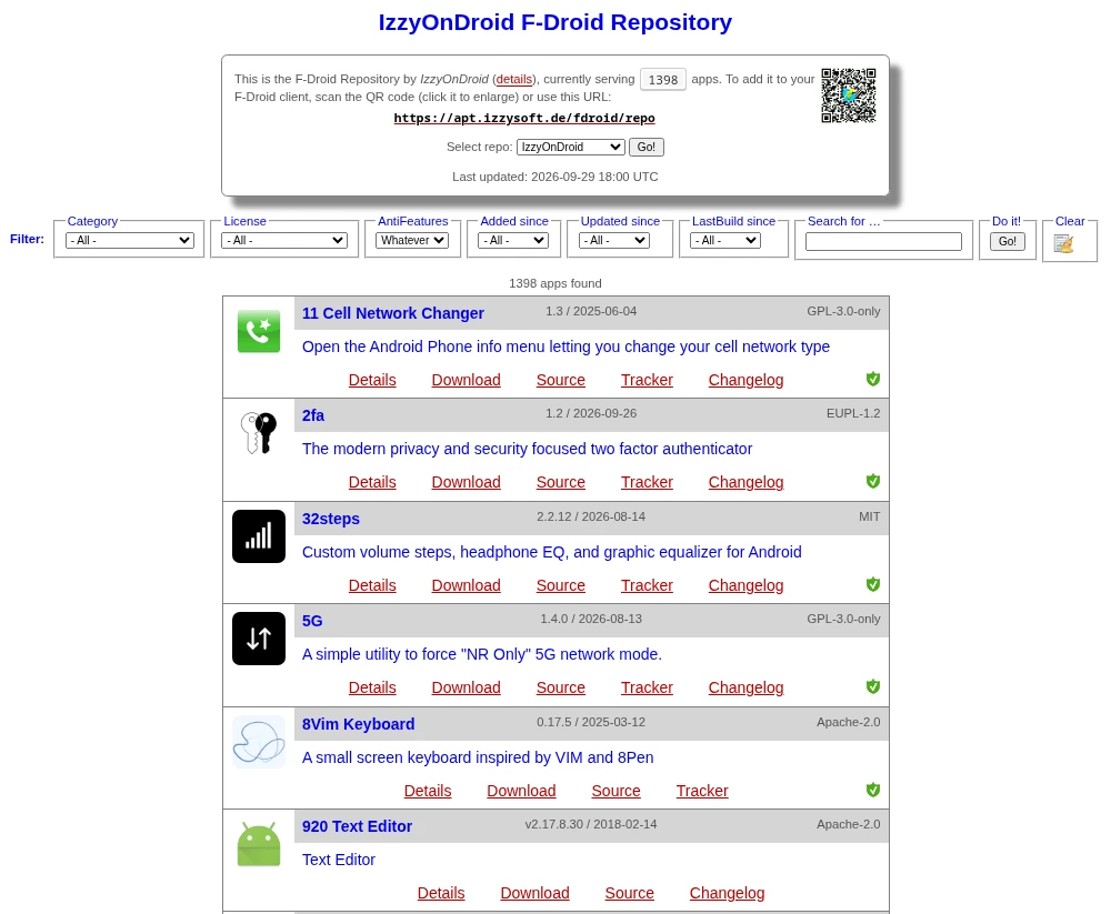 IzzyOnDroid repository catalog with filters and six complete app entries