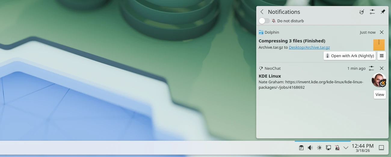 KDE Plasma notification history popup with file transfer and application notices
