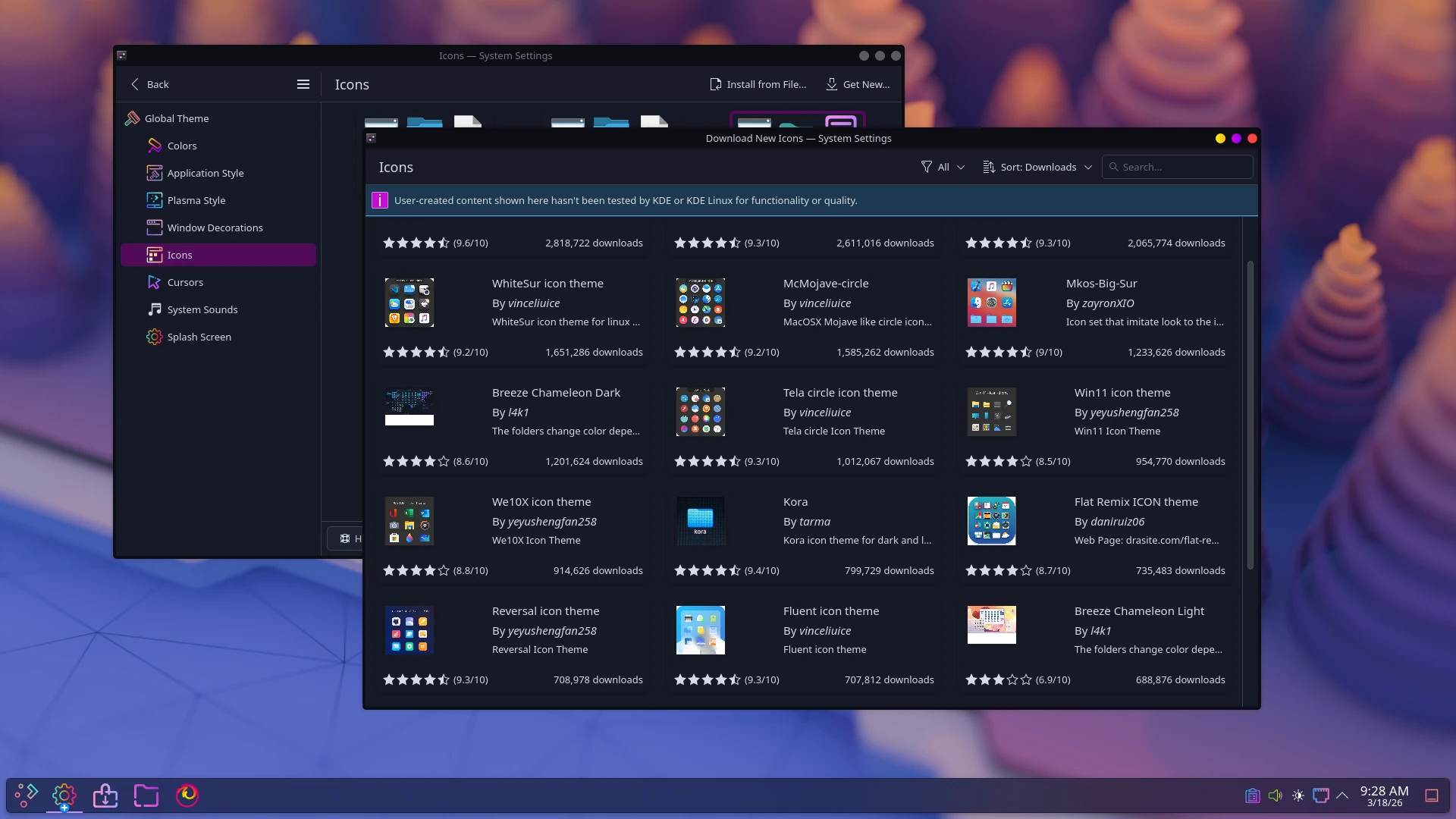 KDE Plasma dark desktop with System Settings Icons page and Download New Icons theme browser