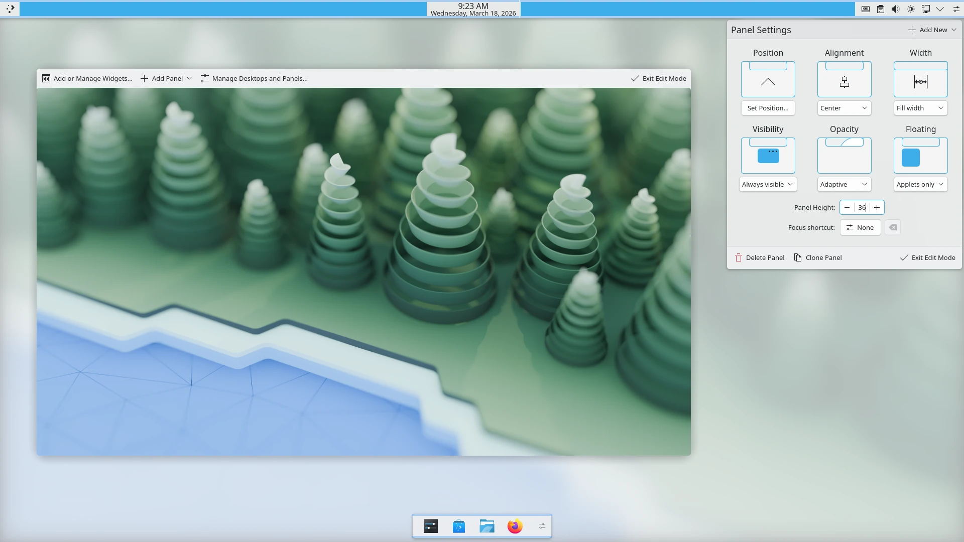 KDE Plasma desktop panel configuration popup with position, alignment and visibility controls