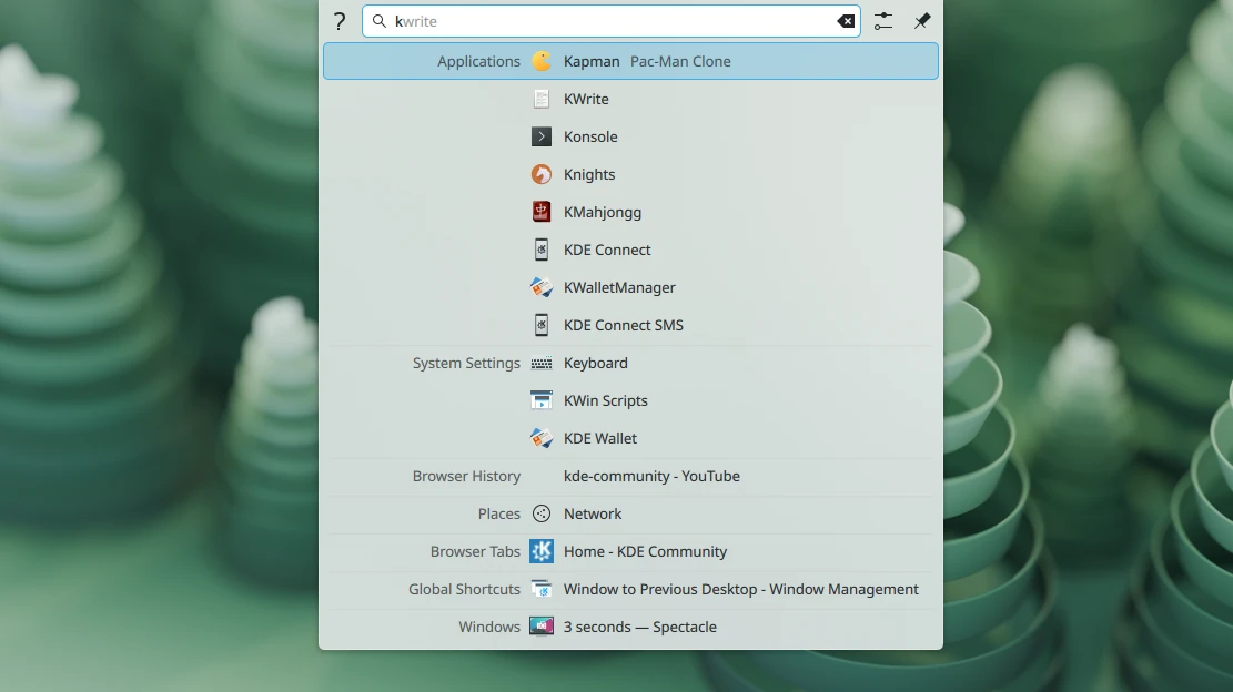 KDE Plasma KRunner search popup listing matching applications and system settings