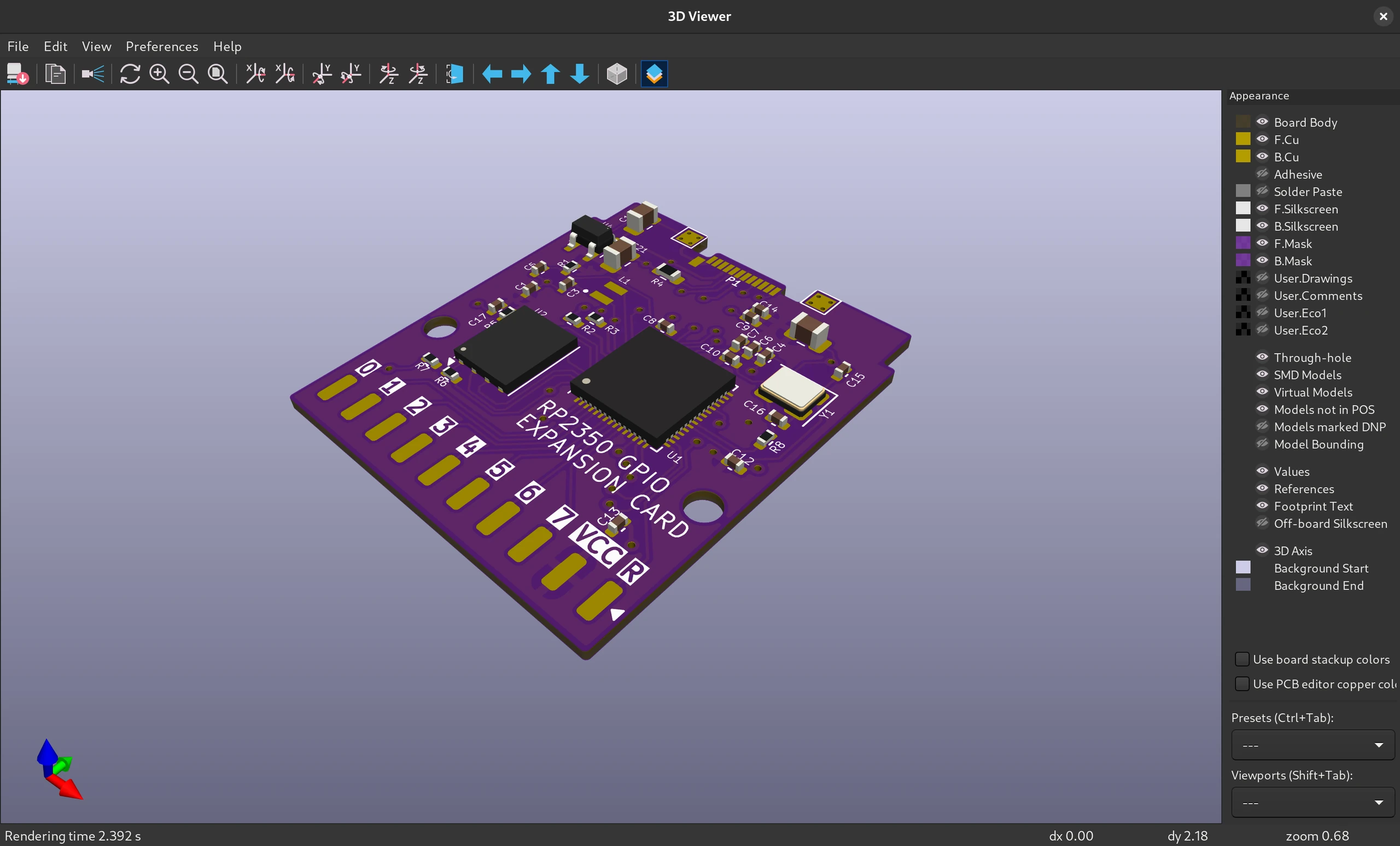 KiCad 3D Viewer showing an RP2350 GPIO expansion card and board appearance controls