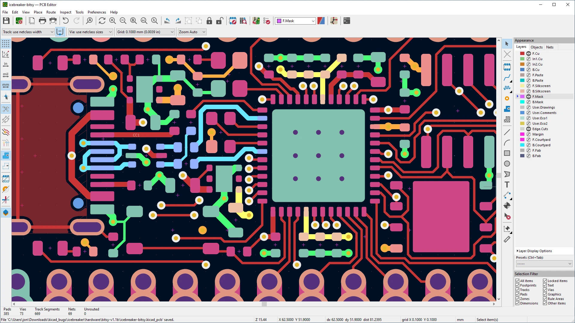 KiCad PCB Editor showing the routed iCEBreaker Bitsy board with colored copper tracks