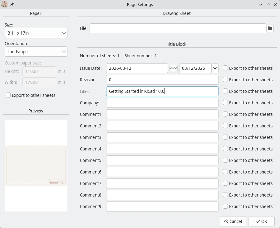 KiCad Page Settings dialog with paper size, orientation and drawing title fields