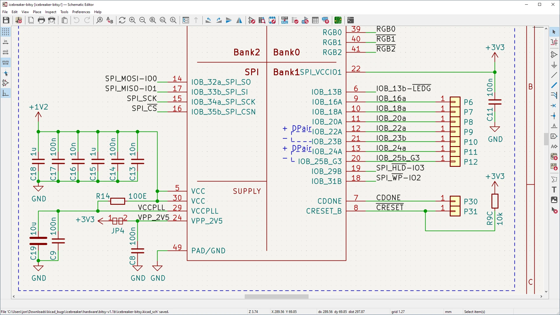 KiCad Schematic Editor showing the iCEBreaker Bitsy FPGA circuit