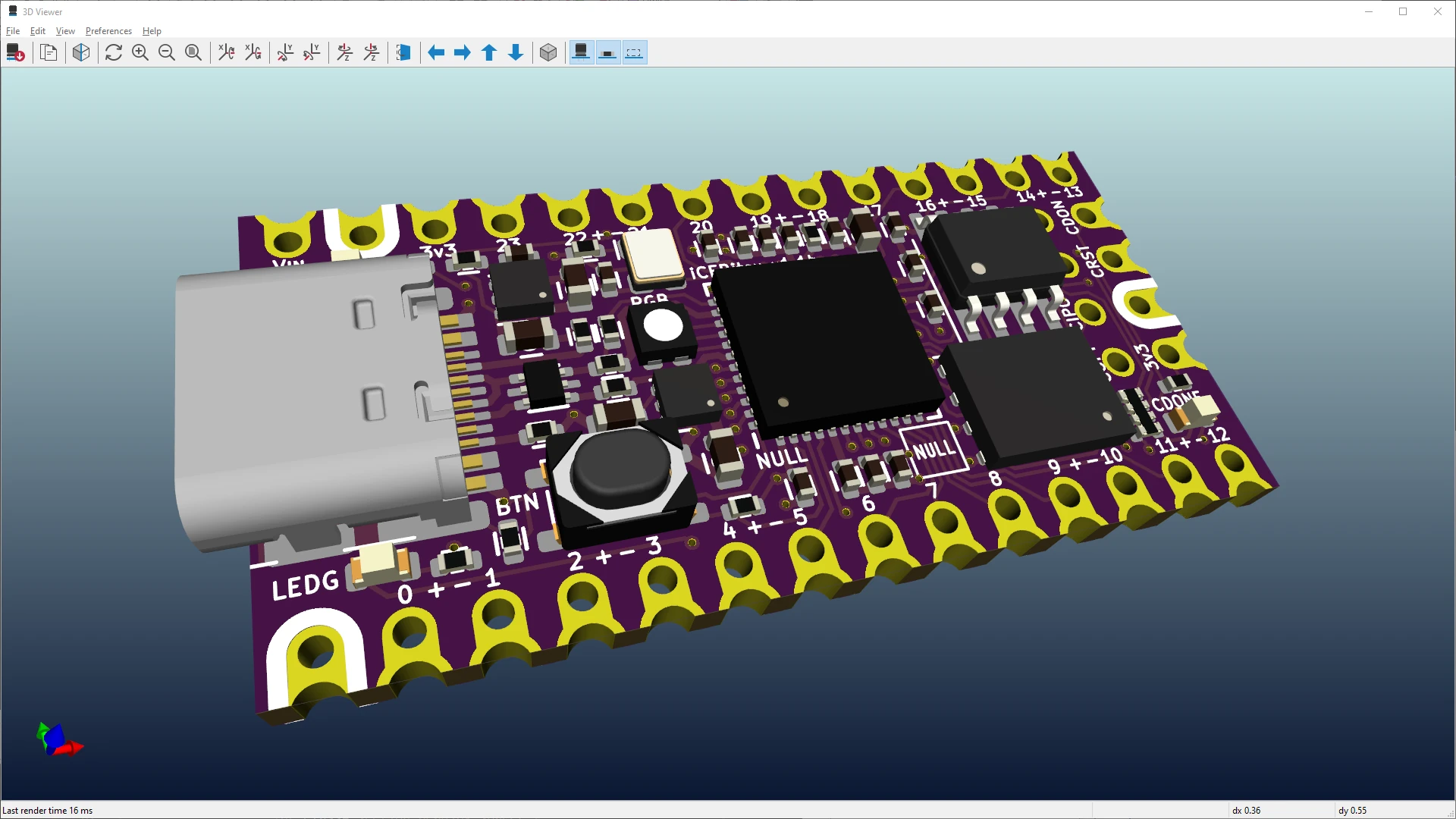 KiCad 3D Viewer showing the purple iCEBreaker Bitsy board and USB connector