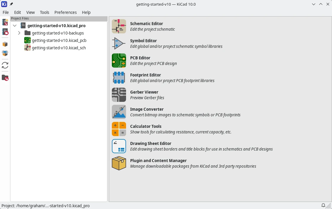 KiCad project manager with project files and schematic, PCB and library editor launchers