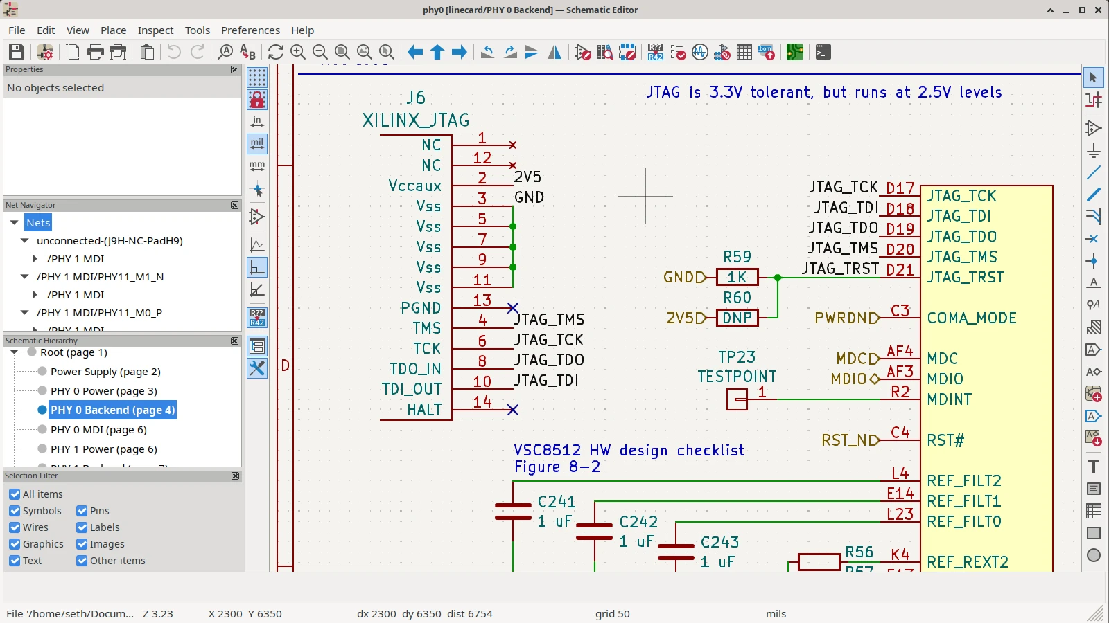KiCad Schematic Editor showing a JTAG connector, colored nets and the schematic hierarchy