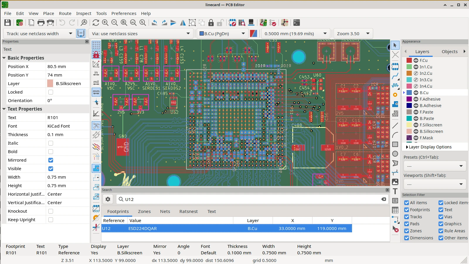 KiCad PCB editor showing routed board layers and component properties