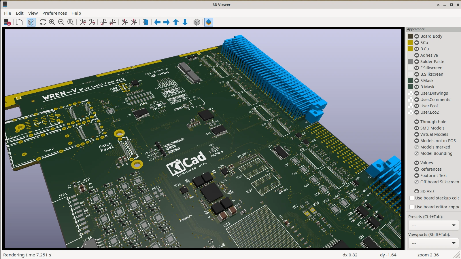 KiCad 3D viewer displaying an assembled circuit board