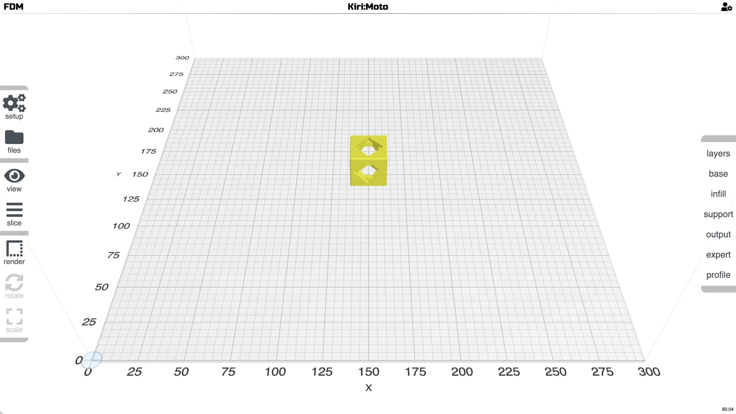 Kiri:Moto FDM workspace with a sample cube on the build plate and slice menus on both sides