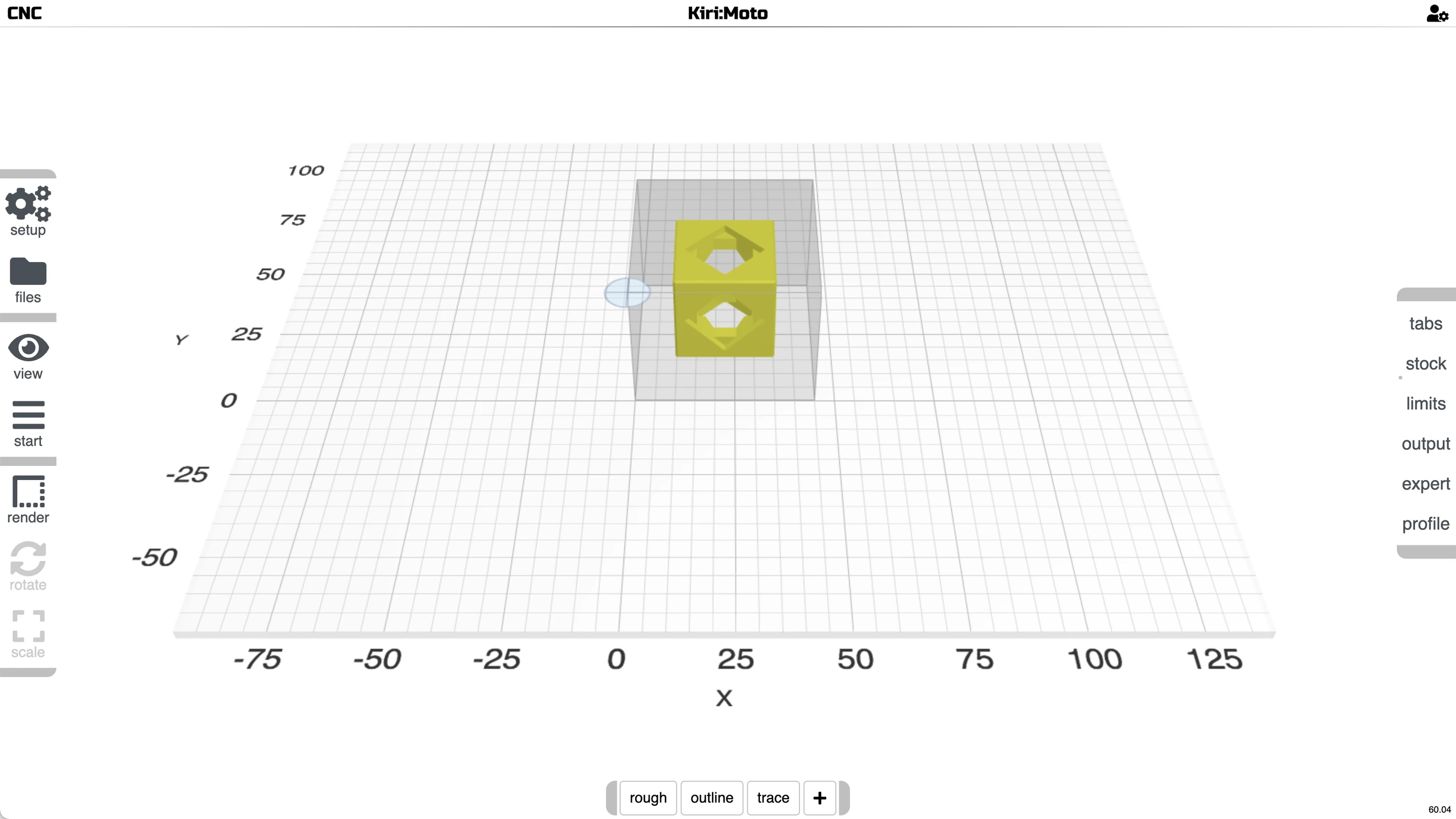 Kiri:Moto CNC workspace with stock outline around a sample cube and rough, outline and trace operations