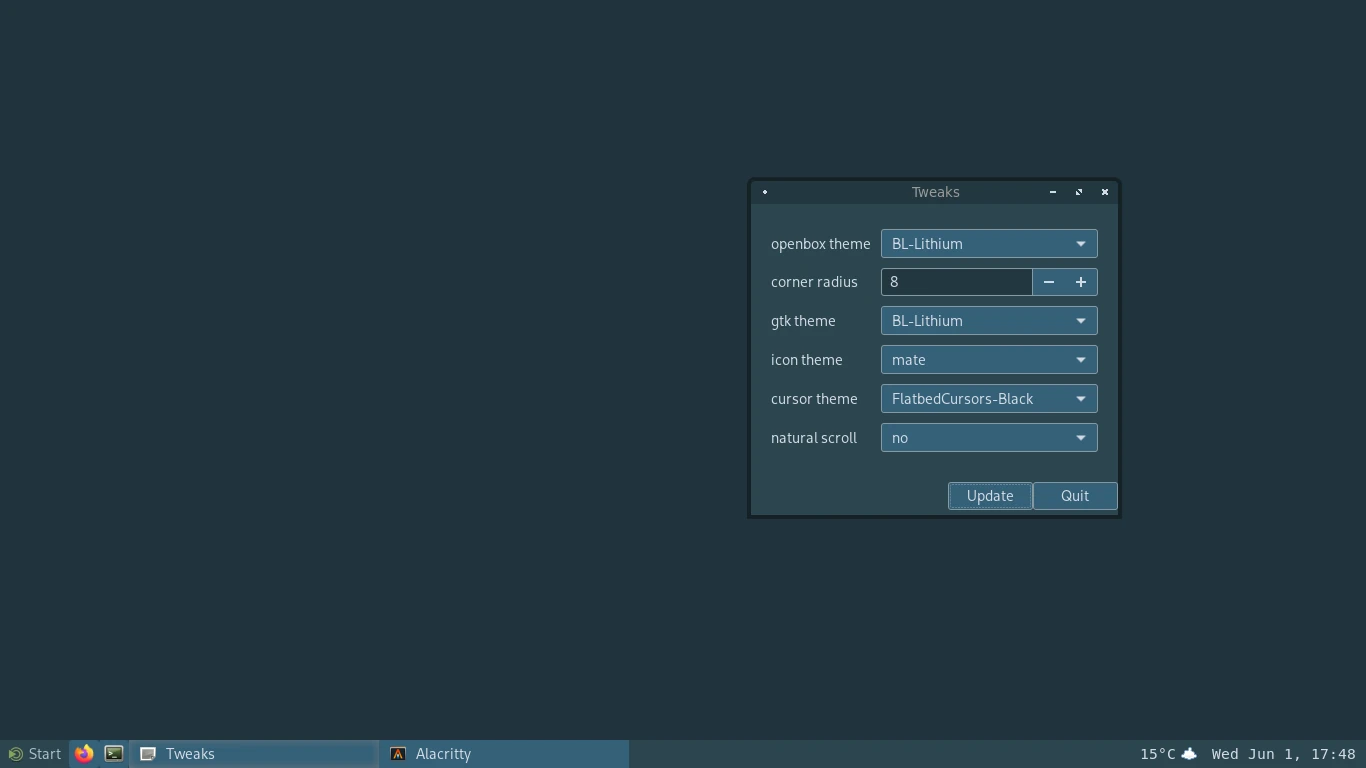 Labwc desktop with theme and cursor configuration dialog