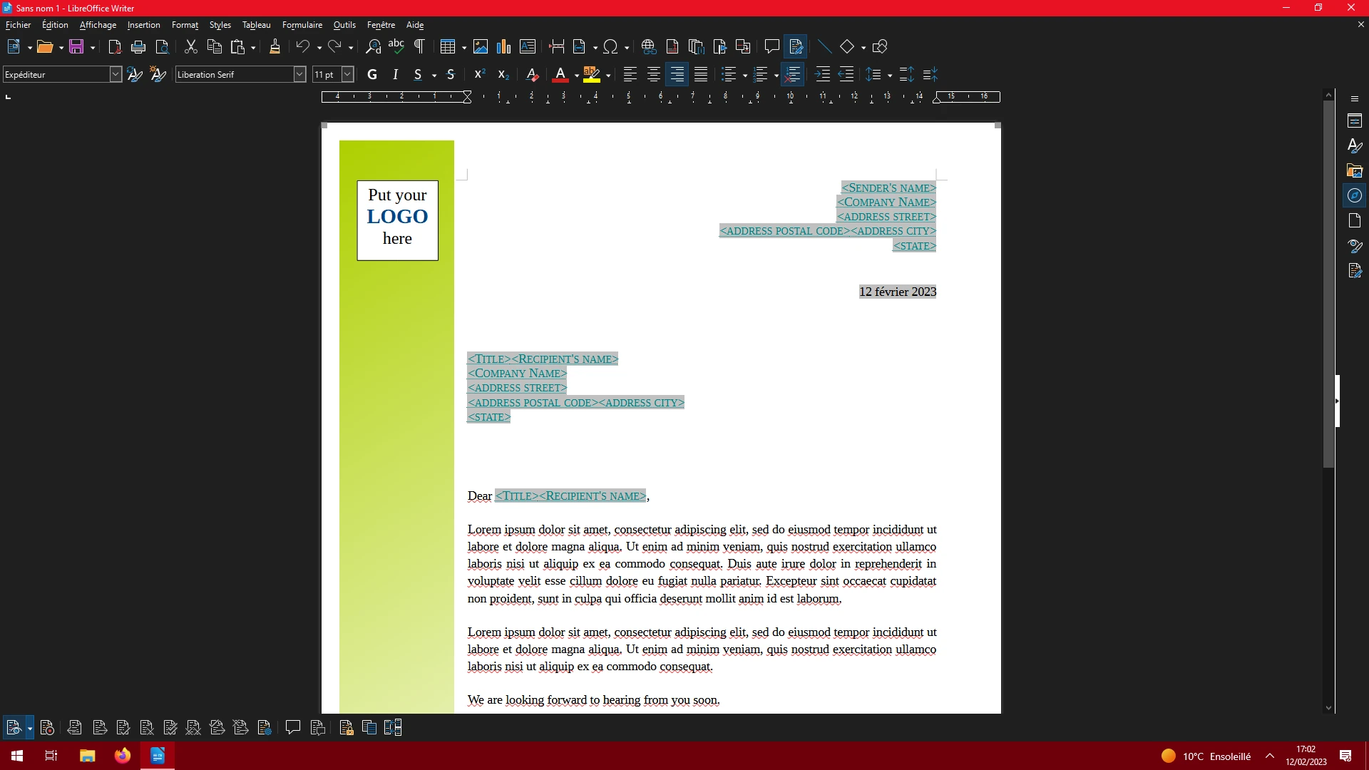 LibreOffice Writer 7.5 editing a sample letter template with placeholder fields in a dark French interface