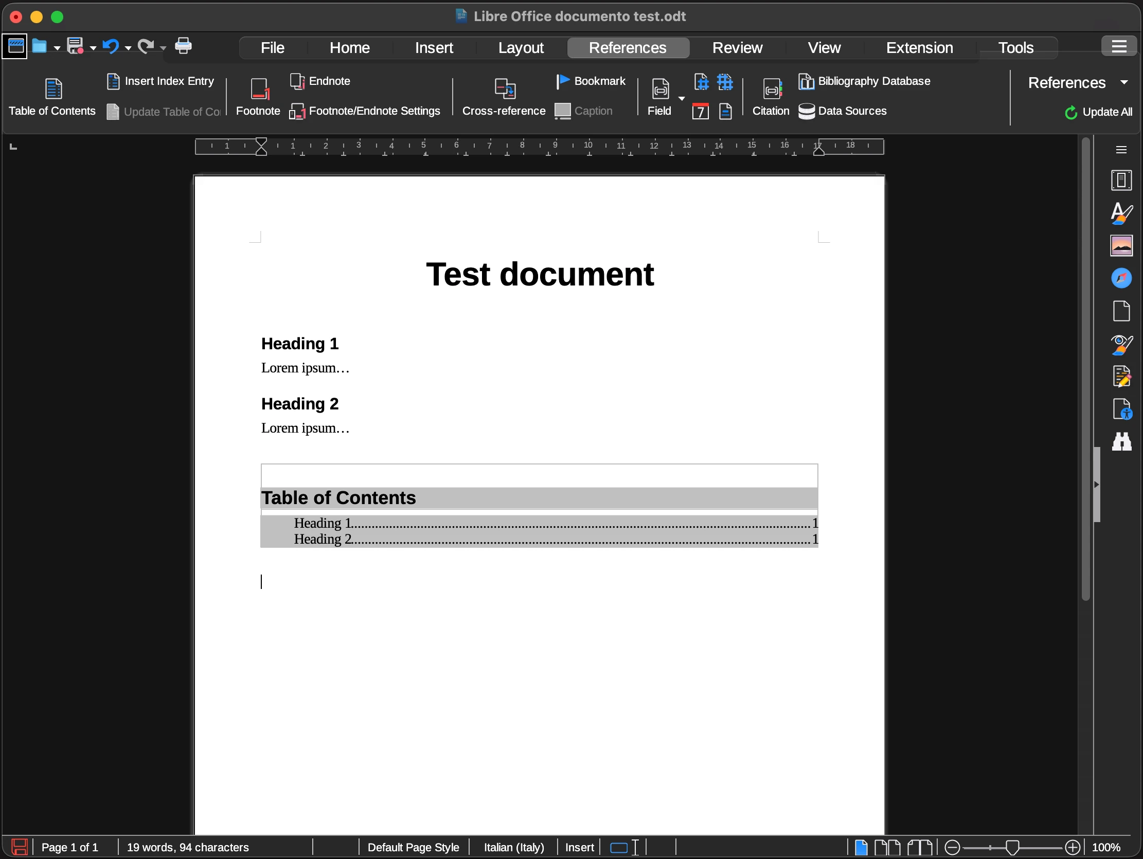 LibreOffice Writer on macOS showing the References tab and an automatically generated table of contents