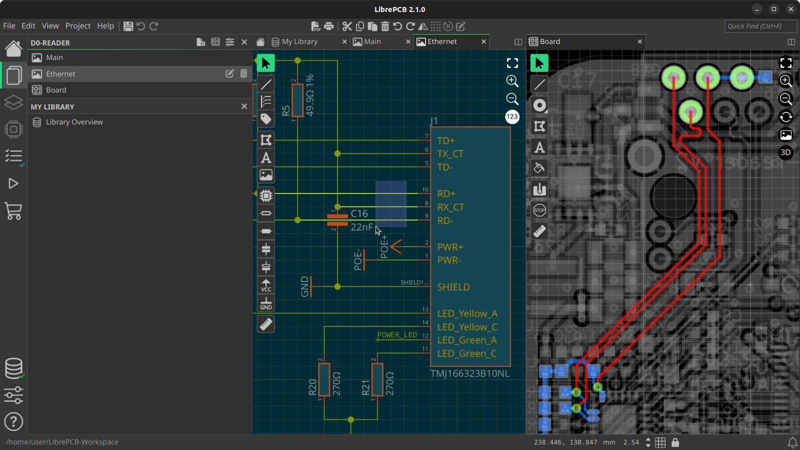 LibrePCB schematic and board editors side by side