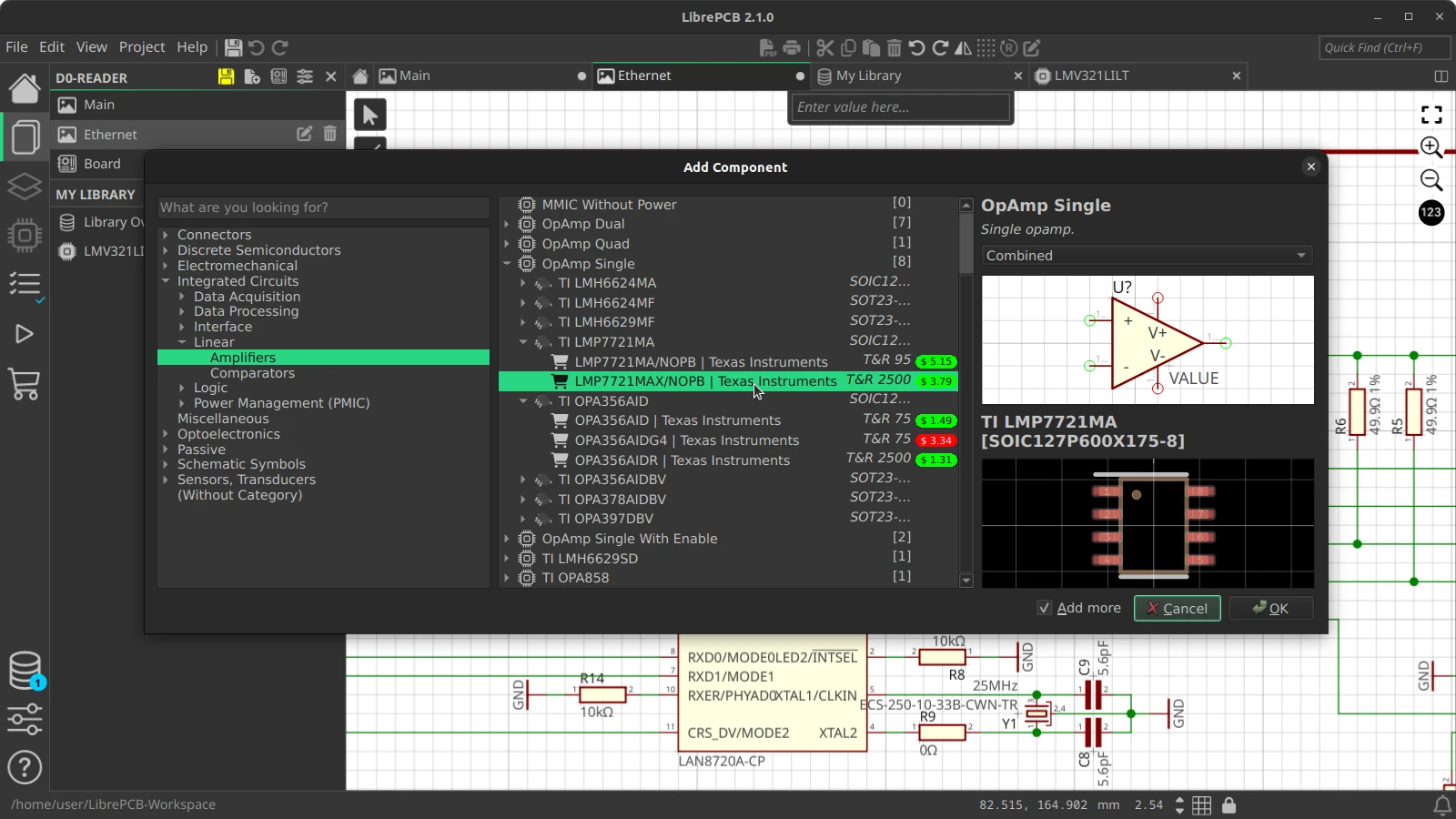 LibrePCB component selection with symbols and footprint preview