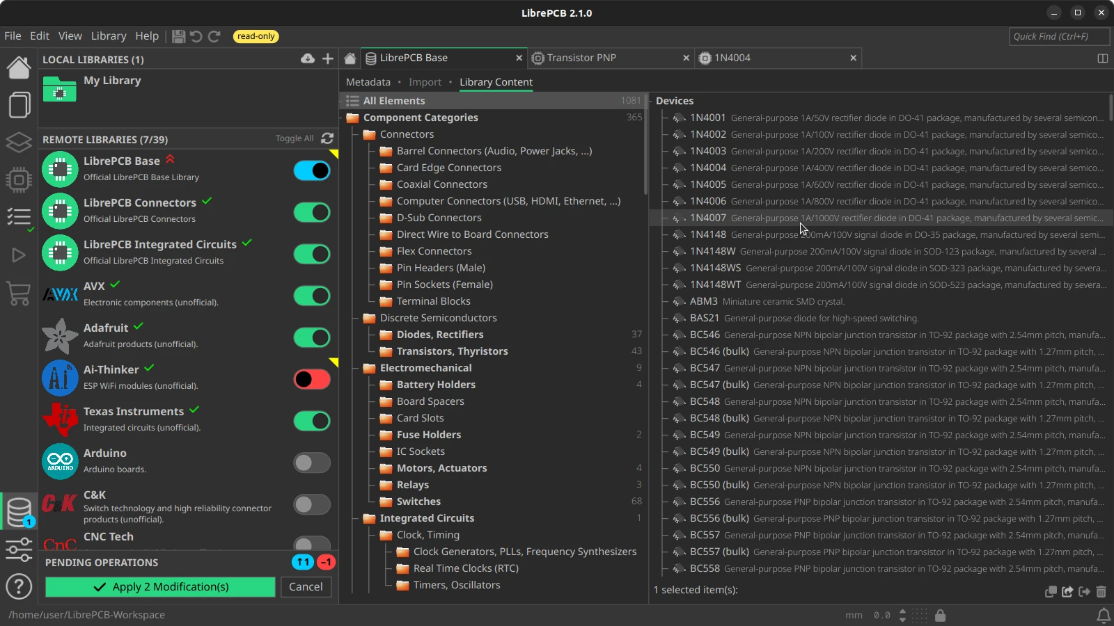 LibrePCB library manager with installed libraries and component categories