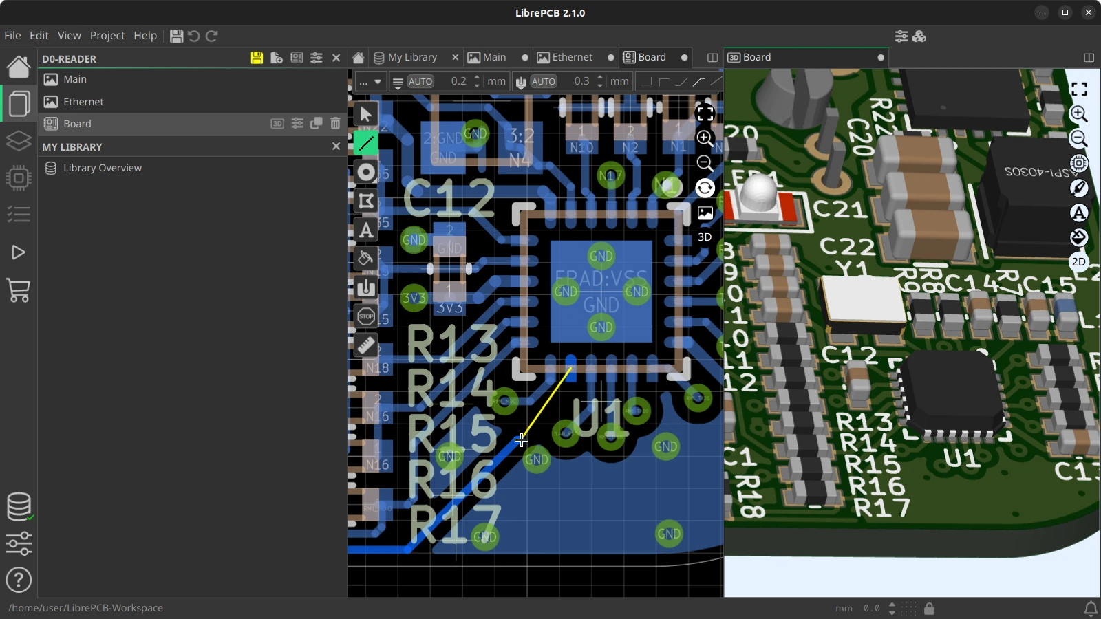 LibrePCB board layout with synchronized 3D preview