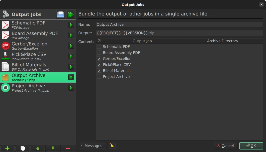 LibrePCB output jobs and archive export settings