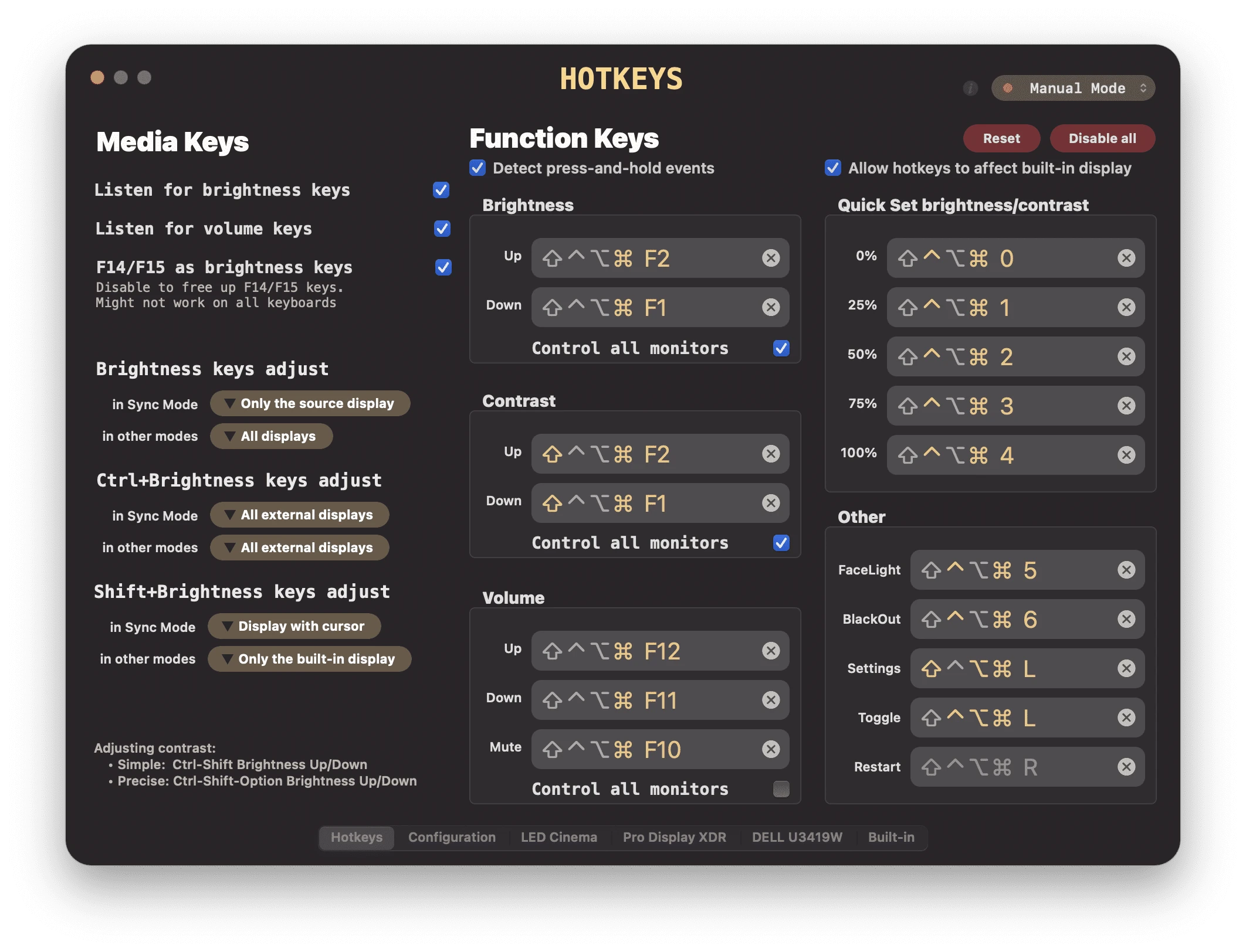 Lunar keyboard shortcut settings for monitor brightness and contrast